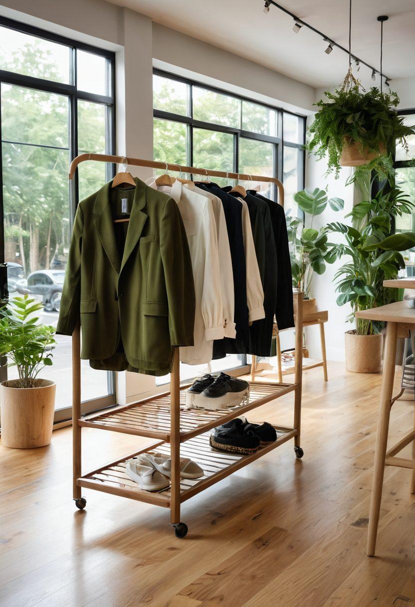 A stylish modern clothing store interior showcasing sustainable fashion pieces on elegant wooden racks, with lush greenery and natural light filtering through large windows. Highlight innovative materials like organic cotton and recycled fabrics, alongside chic accessories made from upcycled materials. Include diverse models trying on these outfits in a warm, inviting atmosphere. vibrant colors. super-realistic. natural lighting.