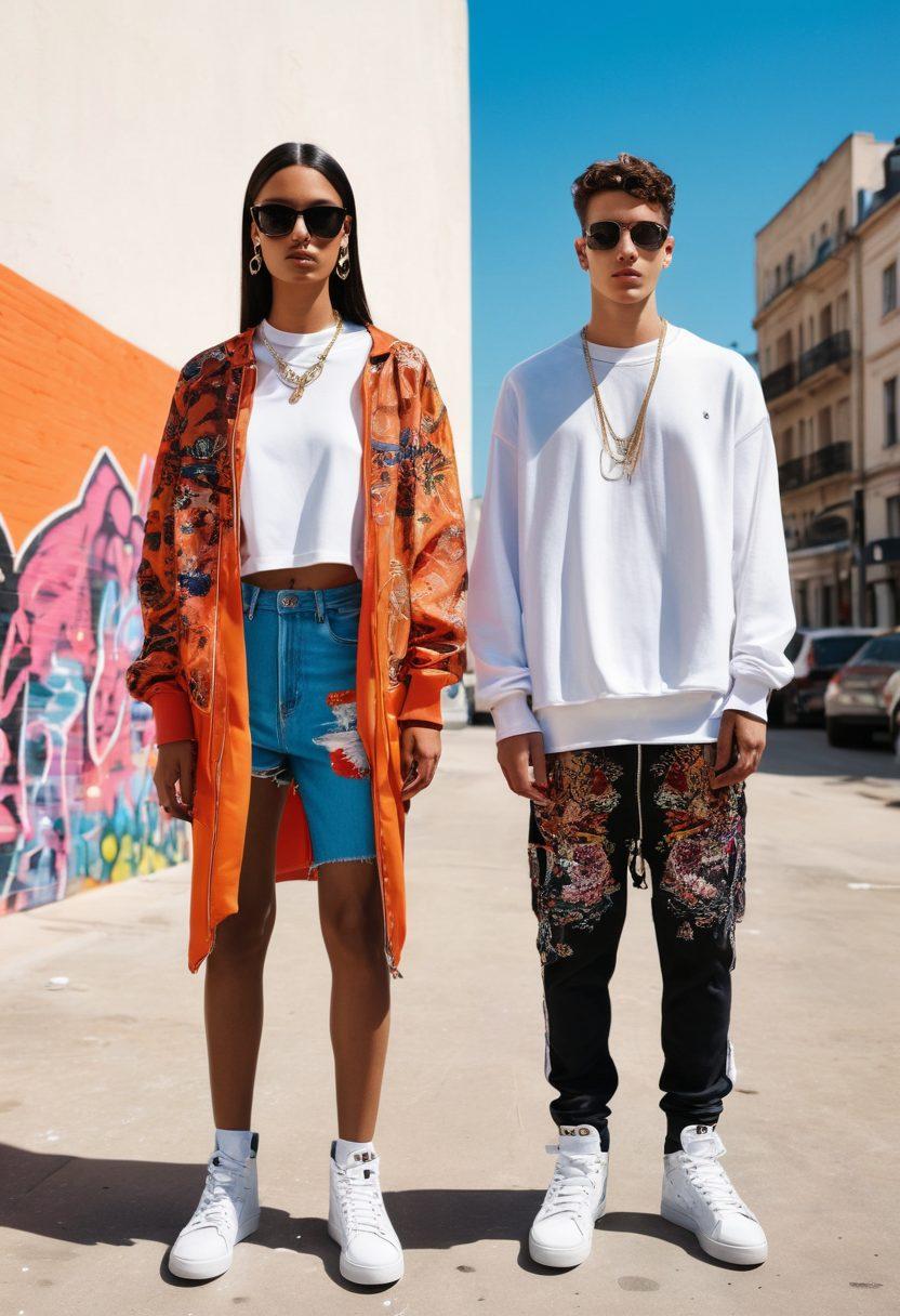 A split scene showcasing the journey of fashion from streetwear to haute couture. One side features a vibrant urban backdrop with models in trendy streetwear, graffiti, and skateboards. The other side presents an elegant runway with models in luxurious, flowing haute couture dresses with ornate details. Blend these styles seamlessly, emphasizing the contrast between casual and high fashion. super-realistic. vibrant colors. white background.