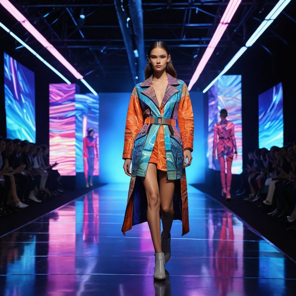 A futuristic fashion runway showcasing diverse models wearing innovative, cutting-edge clothing with bold patterns and sustainable materials. The setting features high-tech elements like holographic displays and augmented reality installations. Bright, vibrant colors illuminated by dynamic lighting create an energetic atmosphere, symbolizing the evolution of fashion trends. super-realistic. vibrant colors. 3D.